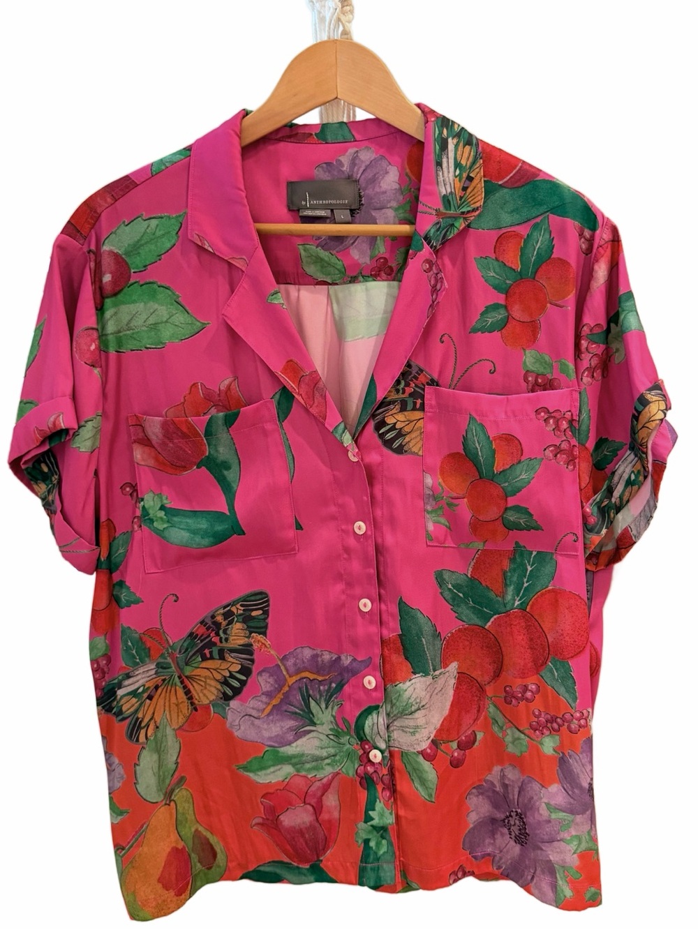 Anthropologie Brenna Short Sleeve Buttondown Shirt Pink Tropical Butterfly L EUC